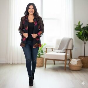 KOMAROV Top Black Sheer Burnout Leaf Applique Button Front‎ Blouse L Made in USA